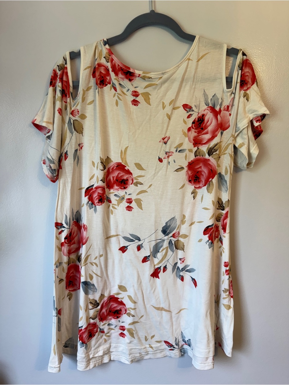 Cream Floral Cold-Shoulder Top with Red Roses - Picture 2 of 12